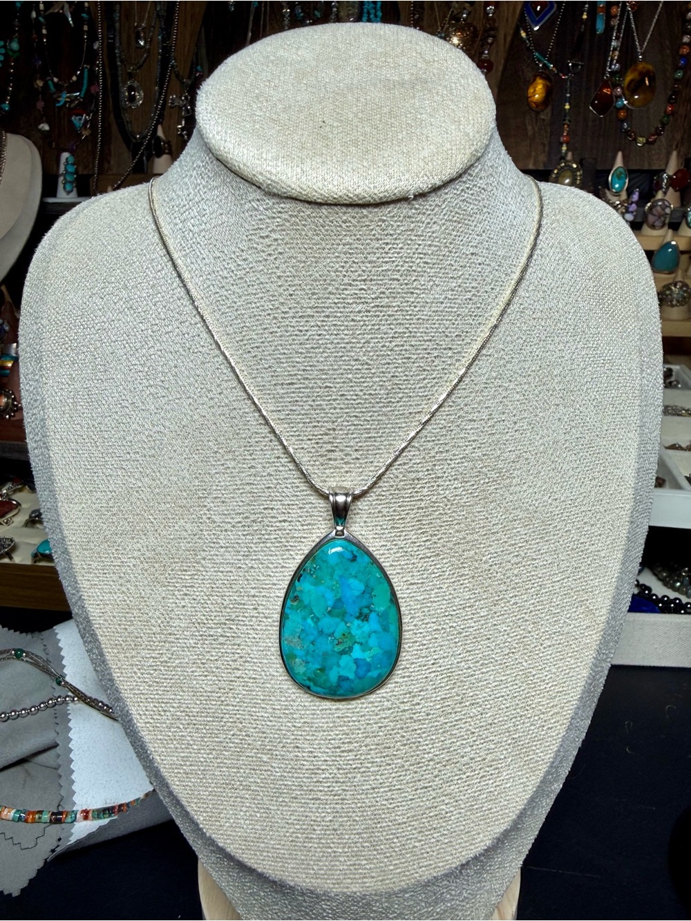 Sterling Teardrop Turquoise Pendant Necklace - Blue Green